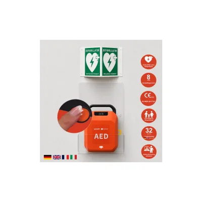 HeartSave YA mit LED-Grafik, Acrylwandhalterung & Winkelschild, DE/EN/FR/IT