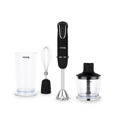 H.Koenig MIX75 Stabmixer-Set / Mixbecher, Schneebesen und Pürierstab / 5 Geschwindigkeitsstufen / 750 W / Spülmaschinenfest / Edelstahl / schwarz
