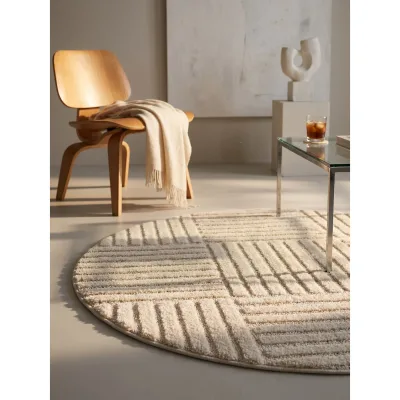 Hochflorteppich Cord-Streifen-Patchwork Creme 160x160 cm Waschbar