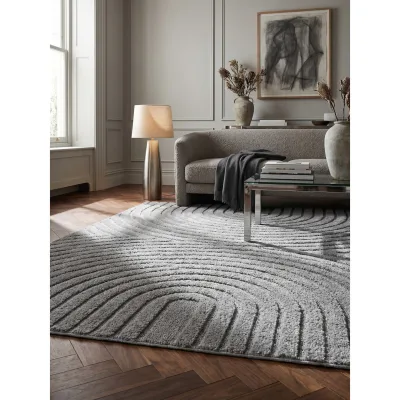 Hochflorteppich Organische Bögen mit 3D-Effekt Silber 200x290 cm Waschbar