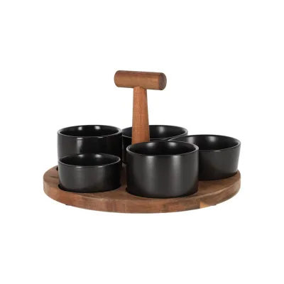 Jens Living JENS Living Bits & Bites Bo Groß – Serviertablett aus Akazienholz mit 5 schwarzen Keramikschalen