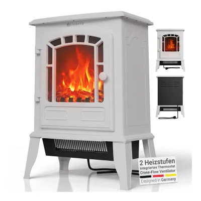JUSKYS® Elektrokamin 2000 W – Weiß, mit Flammeneffekt & 2 Heizstufen für Zuhause, inkl. Thermostat
