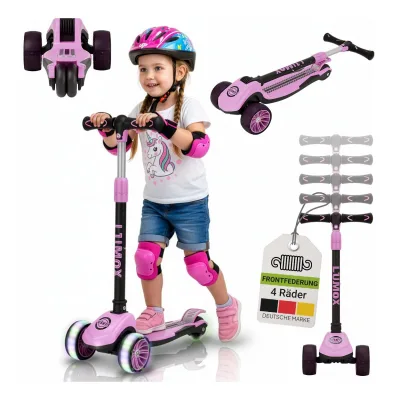 JUSKYS® Kinderroller Lumox Rosa - LED-Rollen mit 4-Farb-Blinkeinstellung, höhenverstellbarer Kinderscooter, klappbar & Hinterradbremse, Dreiradscooter