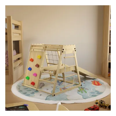 JUSKYS® Mini Klettergerüst für Kinder - Indoor Spielplatz mit Rutsche, Kletterwand & Turnringe Natur