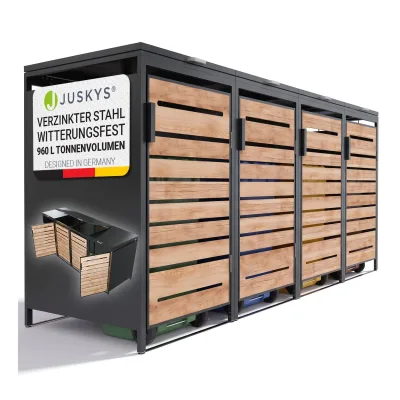 JUSKYS® Mülltonnenbox Arel 4er - Metall Gartenbox für Mülltonnen - Aufbewahrungsbox Anthrazit in Holzoptik