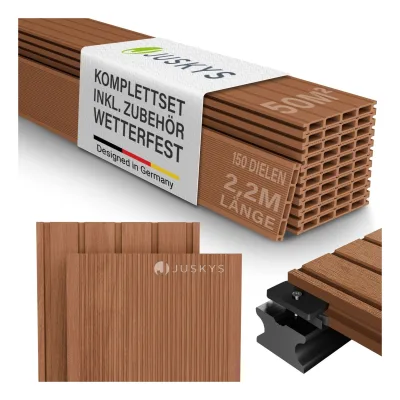 Juskys WPC Terrassendielen 50 m² – 220 cm Dielen, wetterfest inkl. Unterkonstruktion – Teak