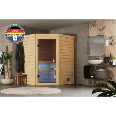 Karibu Joyci Eckeinstieg inkl. Saunaofen integr. Strg. 3,6kW natur