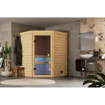 Karibu Joyci Eckeinstieg inkl. Saunaofen integr. Strg. 3,6kW natur