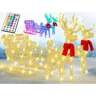 KESSER® 240er LED Rentiere mit Schlitten weiß Timer Weihnachtsbeleuchtung für außen und innen Weihnachtsfigur Weihnachtsdekoration