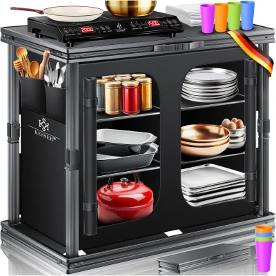 KESSER® Camping Küche faltbar   Outdoor Campingschrank 60/84x80cm   Küchenschrank Aluminiumgestell, 3/6 Fächer inkl 4er Becherset, Seitentaschen & Fliegengitter   Campingküche aus UV-resistentem Stoff