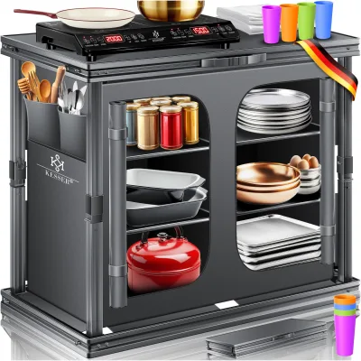 KESSER® Camping Küche faltbar   Outdoor Campingschrank 60/84x80cm   Küchenschrank Aluminiumgestell, 3/6 Fächer inkl 4er Becherset, Seitentaschen & Fliegengitter   Campingküche aus UV-resistentem Stoff