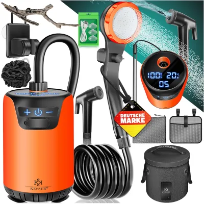 KESSER® Campingdusche Solardusche mit Pumpe & wiederaufladbarem Akku 8000mAh Mobile Dusche   Camping Dusche Set inkl. einstellbarem Duschkopf, 2m Schlauch, Sprühpistole & Halterung