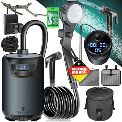 KESSER® Campingdusche Solardusche mit Pumpe & wiederaufladbarem Akku 8000mAh Mobile Dusche   Camping Dusche Set inkl. einstellbarem Duschkopf, 2m Schlauch, Sprühpistole & Halterung