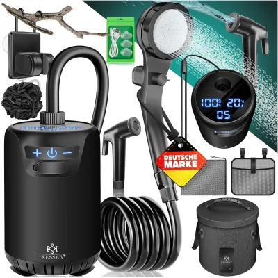 KESSER® Campingdusche Solardusche mit Pumpe & wiederaufladbarem Akku 8000mAh Mobile Dusche   Camping Dusche Set inkl. einstellbarem Duschkopf, 2m Schlauch, Sprühpistole & Halterung