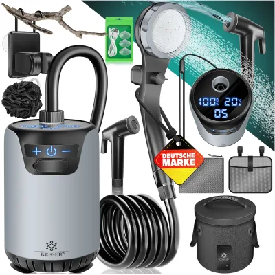 KESSER® Campingdusche Solardusche mit Pumpe & wiederaufladbarem Akku 8000mAh Mobile Dusche   Camping Dusche Set inkl. einstellbarem Duschkopf, 2m Schlauch, Sprühpistole & Halterung