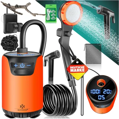 KESSER® Campingdusche Solardusche mit Pumpe & wiederaufladbarem Akku 8000mAh Mobile Dusche   Camping Dusche Set inkl. einstellbarem Duschkopf, 2m Schlauch, Sprühpistole & Halterung