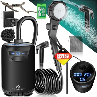 KESSER® Campingdusche Solardusche mit Pumpe & wiederaufladbarem Akku 8000mAh Mobile Dusche   Camping Dusche Set inkl. einstellbarem Duschkopf, 2m Schlauch, Sprühpistole & Halterung