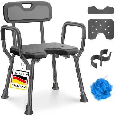 KESSER® Duschhocker mit Lehne höhenverstellbar in 6 Stufen 38-54cm   Badhocker 150KG belastbar Duschstuhl Anti-Rutsch Füße & Matten   Duschhilfe Senioren & Schwangere Duschsitz mit Brausehalterung