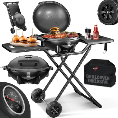 KESSER® elektrischer Elektrogrill 2in1 Tischgrill - Standgrill mit Deckel und Standfuß   max. 2400 Watt   Faltbar   Thermometer   Antihaftbeschichtung   Grillplatte Abstelltische   2 Räder