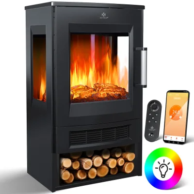 KESSER® Elektrokamin mit Heizung Panorama-Sichtfenster Heizlüfter 9 LED-Flammeneffekt Farbmodi Fernbedienung WiFi App 900/1800W  Kaminfeuer elektrisch Elektro Kamin mit Thermostat Heizfunktion Timer