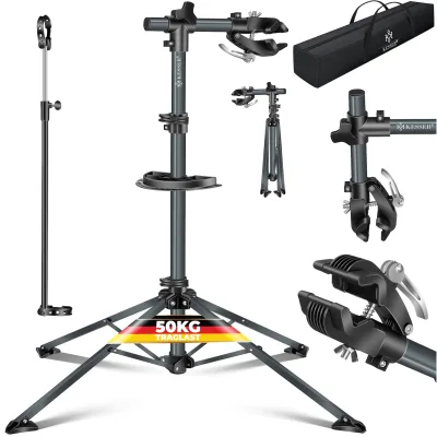 KESSER® Fahrradmontageständer Profi 50kg - 360° drehbar für E-Bike, Mountainbike & Fahrrad, höhenverstellbarer Reparaturständer, mit Werkzeugablage, Tragetasche & Schnellspanner