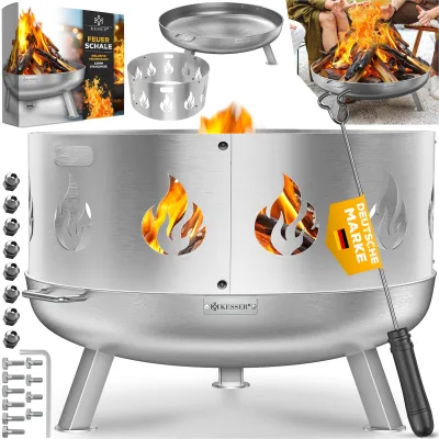 KESSER® Feuerschale mit 2,5 mm Stahldicke Feuerkorb aus Edelstahl / Stahl inklusive 42cm Feuerhaken aus Gusseisen, Wasserablauf & 2 stabile Griffe für Holz & Kohle Feuerstelle für Garten & Terrasse