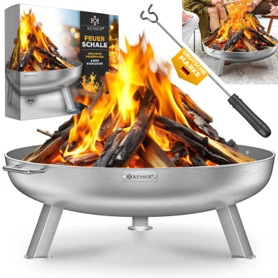 KESSER® Feuerschale mit 2,5 mm Stahldicke Feuerkorb aus Edelstahl / Stahl inklusive 42cm Feuerhaken aus Gusseisen, Wasserablauf & 2 stabile Griffe für Holz & Kohle Feuerstelle für Garten & Terrasse