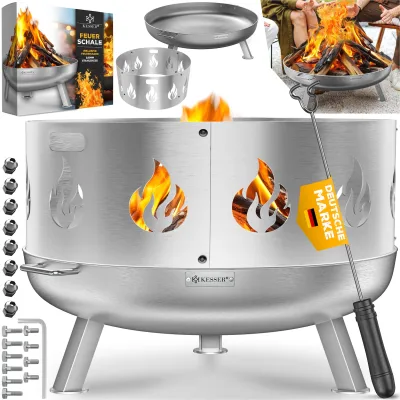 KESSER® Feuerschale mit 2,5 mm Stahldicke Feuerkorb aus Edelstahl / Stahl inklusive 42cm Feuerhaken aus Gusseisen, Wasserablauf & 2 stabile Griffe für Holz & Kohle Feuerstelle für Garten & Terrasse