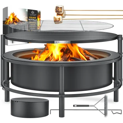 KESSER® Feuerschale mit Grillrost Ø65cm Feuerkorb 0,6mm Kaltveredelter Stahl   mobile Feuertonne mit Reifen   Holz & Kohle Feuerstelle inkl. 60cm Feuerhaken aus Gusseisen, Ø52cm, Bürste & Cover