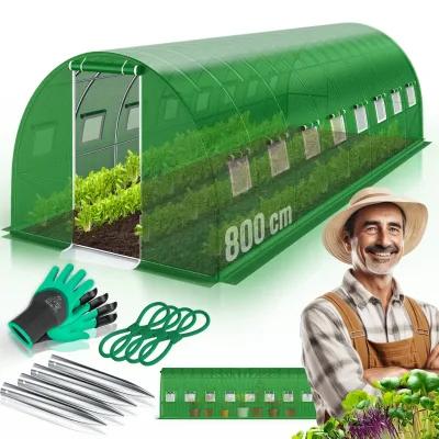 KESSER® Folien-Gewächshaus Stabil mit Fenstern mit Moskitonetz & Tür   Gartentunnel mit Rahmen aus verzinktem Stahl   Folientunnel 170g/m²  inkl. Erdanker Handschuhen & Seilen