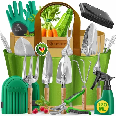 KESSER® Gartenwerkzeug Set 10-teilig mit ergonomischen Holzgriffen inkl. wasserdichte Tasche aus 600D Oxford-Material, Knieschoner, Pflanzmatte, Sprühflasche, Gartenschere, Handschuhe für Gartenarbeit
