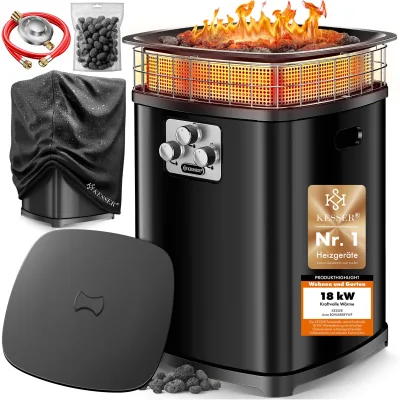 KESSER® Gas-Feuerstelle Aura, 18 kW Heizer, Outdoor, 360° Wärmeverteilung, Terrassenfeuer für Garten, Terrasse & Balkon, bis 120 m², Bimssteine, Schutzcover, Deckel, 6 Std. Brenndauer, IP54