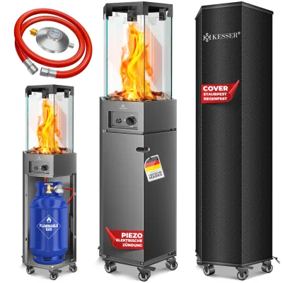KESSER® Gasheizstrahler 4/8 kW Gas Piezozündung Heizung + Gasdruckregler + Cover, 360° Rollen Kippschutz, Terrassenheizstrahler Gasheizung Gasheizer Outdoor Kamin Mobiler Heizpilz, Heizer, Schwarz