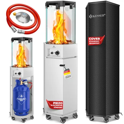 KESSER® Gasheizstrahler 4/8 kW Gas Piezozündung Heizung + Gasdruckregler + Cover, 360° Rollen Kippschutz, Terrassenheizstrahler Gasheizung Gasheizer Outdoor Kamin Mobiler Heizpilz, Heizer, Schwarz