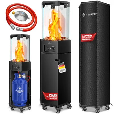 KESSER® Gasheizstrahler 4/8 kW Gas Piezozündung Heizung + Gasdruckregler + Cover, 360° Rollen Kippschutz, Terrassenheizstrahler Gasheizung Gasheizer Outdoor Kamin Mobiler Heizpilz, Heizer, Schwarz