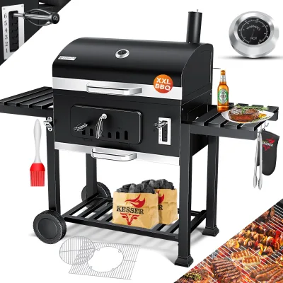 KESSER® Grill Grillwagen XXL Holzkohlegrill mit Deckel, Rädern, Edelstahl-Griff, Grillrost und Thermometer Holzkohle kohlegrill Wagen groß Kohle BBQ Barbeque Camping, Terrasse, Garten