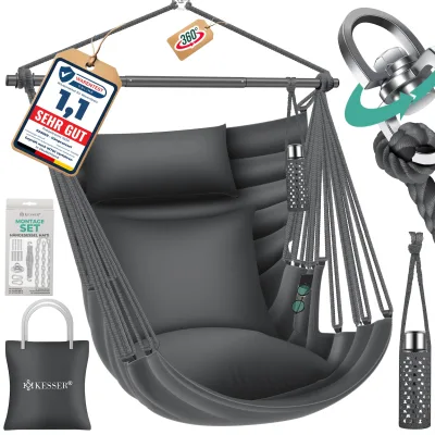 KESSER® Hängesessel Haiti 150kg Traglast, Hängestuhl 360° Drehung, Hängeschaukel Indoor-Outdoor UV-beständig & Wasserfest, Pflegeleicht, Inkl. 2 Kissen, Tragetasche, Flaschenhalter & Montage-Set