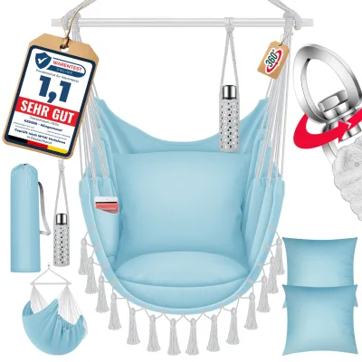 KESSER® Hängesessel mit 2 Kissen Getränkehalter & Bücherfach - Safari XXL Hängestuhl für Erwachsene & Kinder Hängematte bis 150 kg Hängesitz Aufhängung Indoor & Outdoor Wohn & Garten Terrasse
