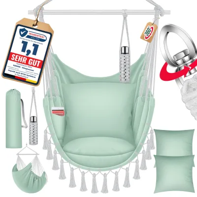 KESSER® Hängesessel mit 2 Kissen Getränkehalter & Bücherfach - Safari XXL Hängestuhl für Erwachsene & Kinder Hängematte bis 150 kg Hängesitz Aufhängung Indoor & Outdoor Wohn & Garten Terrasse