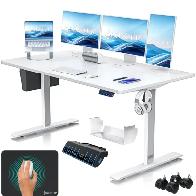 KESSER® Höhenverstellbarer Schreibtisch elektrisch   Ergonomisch Steh-Sitz Schreibtisch   3-Funktions-Memory Steuerung   Inkl. 360° Rollen & USB-Ladeanschluss   Computertisch für Homeoffice