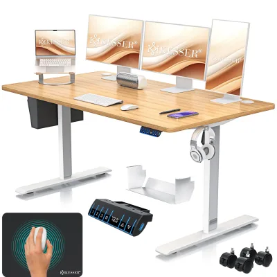 KESSER® Höhenverstellbarer Schreibtisch elektrisch   Ergonomisch Steh-Sitz Schreibtisch   3-Funktions-Memory Steuerung   Inkl. 360° Rollen & USB-Ladeanschluss   Computertisch für Homeoffice