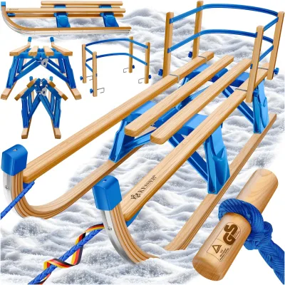 KESSER® Holzschlitten Premium Schlitten faltbar Kinder Faltschlitten Kinderschlitten aus Buchenholz inkl. Zugseil Schieber Metallkufen