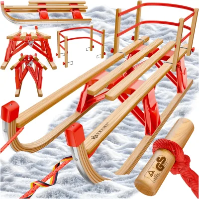 KESSER® Holzschlitten Premium Schlitten faltbar Kinder Faltschlitten Kinderschlitten aus Buchenholz inkl. Zugseil Schieber Metallkufen