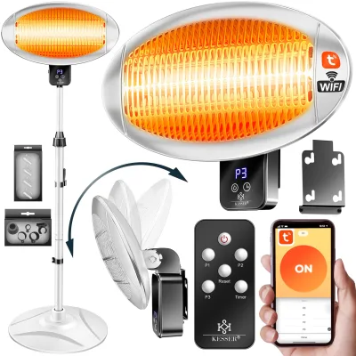 KESSER® Infrarot Heizstrahler 2000W Terrassenstrahler mit WIFI & Fernbedienung 360° drehbar, höhenverstellbar, Stand- & Wandmontage Kippschutz, IPX4 spritzwassergeschützt Wärmestrahler Balkon & Garten