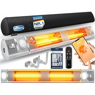 KESSER® Infrarot Heizstrahler 3000W IR-Gastro-Bar Inkl. LED Licht Terrassenstrahler Mit WiFi & Fernbedienung inkl. Schutzhülle Infrarotstrahler Quarzstrahler Terrassenheizer Wand-Heizstrahler