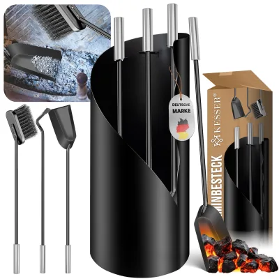 KESSER® Kaminbesteck Set 4-teiliges Kaminzubehör – Modern Design, beschichtet, Hochwertige Kamingarnitur aus 4 Teilen: Besen, Schaufel, Schürhaken, Ständer Stahl Edelstahlgriffe