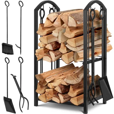KESSER® Kaminholzregal 5-teiliges Set Kaminholzständer Feuerholzablage Brennholzregal Innen und Aussen Metall 2 Ebenen mit 4 Kaminwerkzeug für Kamin & Ofen, Stahl 40x30x74,5cm Verstellbar