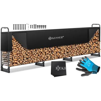 KESSER® Kaminholzregal Metall Brennholzregal außen Stahlrahmen + Abdeckung & Handschuhe Kaminholzunterstand 200kg Wasserdichter Holzlager Holzstapelhilfe für Garten Terrasse