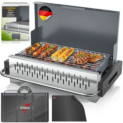 KESSER® Klappgrill tragbarer Camping Grill   Holzkohlegrill aus pulverbeschichtetem Stahl inklusive Grillrost, Grillmatte & Tragetasche   Faltbar BBQ ideal für Camping, Picknick & Angeln