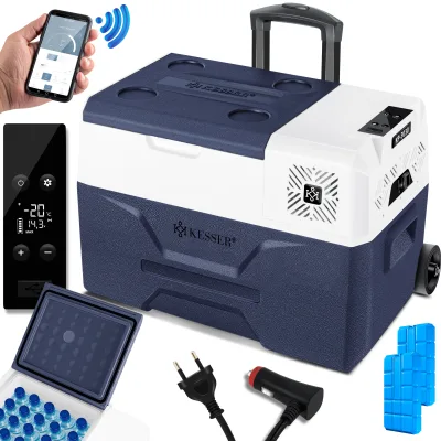KESSER® Kompressor Kühlbox elektrisch Gefrierbox, Mit APP-Steuerung USB-Anschluss 12/24 V 230V, +Teleskopstange, Kühlakkus Räder Kühlschrank Kühlung bis -20 °C für Auto, Lkw, Boot, Reisemobil, Camping